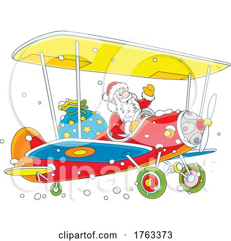 Cartoon Santa Flying a Biplane by Alex Bannykh