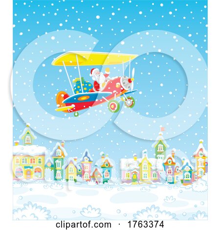 Cartoon Santa Flying a Biplane over a Village by Alex Bannykh