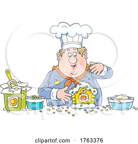 Cartoon Chubby Chef Making a Christmas Gingerbread House by Alex Bannykh