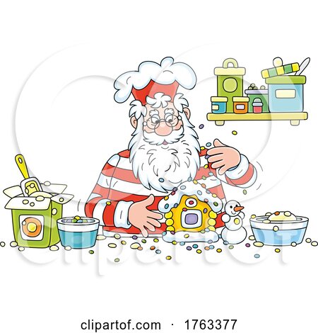 Cartoon Santa Making a Gingerbread House by Alex Bannykh