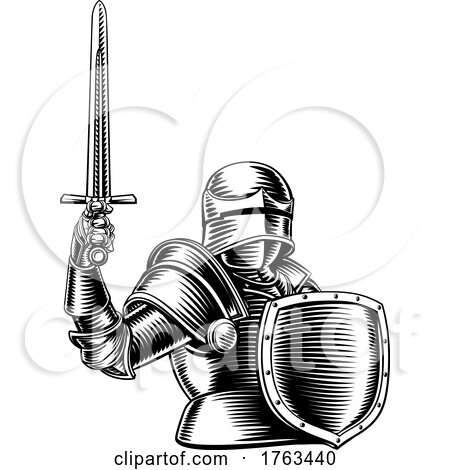 Medieval Knight Sword and Shield Vintage Woodcut by AtStockIllustration