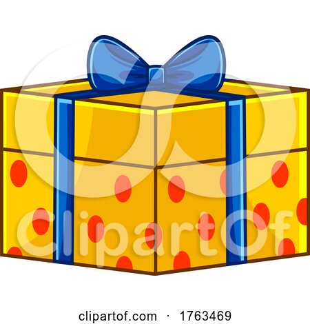 Cartoon Gift Box with Blue Ribbon and Bow on Yellow and Polka Dots by Hit Toon