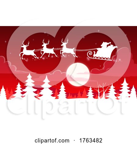 Christmas Background of Santas Sleigh Flying Over Red Sky by Vector Tradition SM