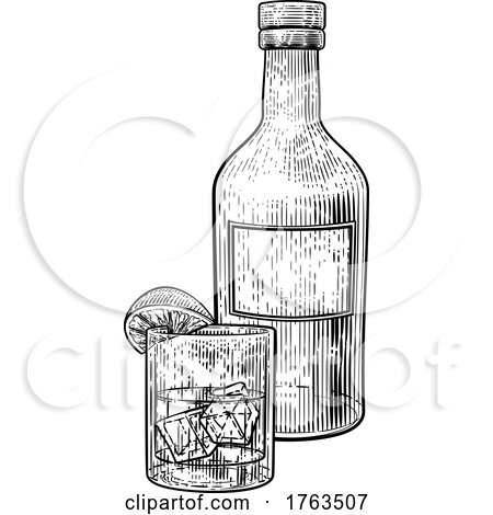 Lemon Lime and Ice Bottle Glass Drink Engraving by AtStockIllustration