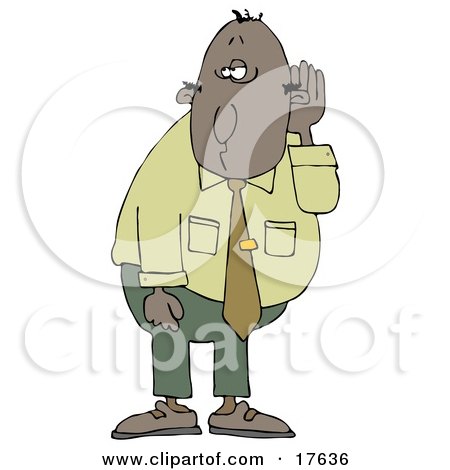 Middle Aged Black Businessman Who Is Hard At Hearing, Cupping His Ear To Listen Clipart Illustration by djart