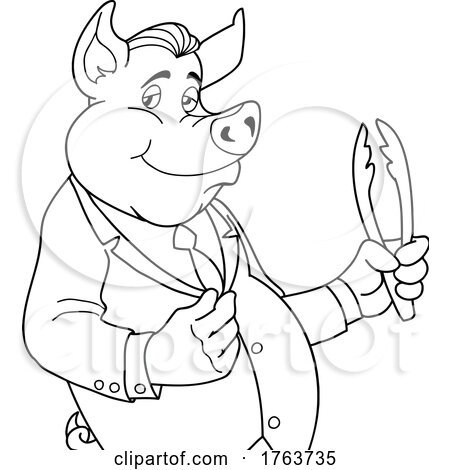 Black and White Cartoon Dapper Pig Dressed in a Suit and Holding Tongs by LaffToon