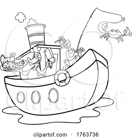 Black and White Cartoon Chef Duck and Chicken Fishing and Serving BBQ on a Tugboat by LaffToon