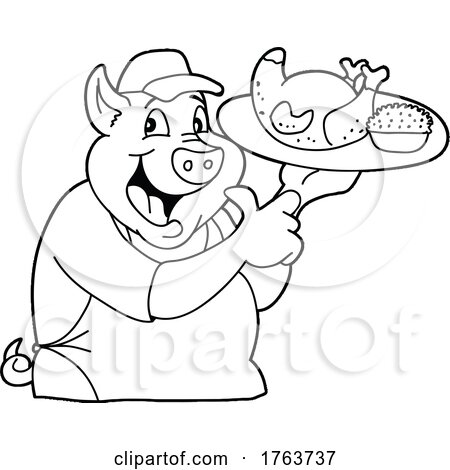 Black and White Cartoon Chef Pig Holding a Roasted Chicken and Coleslaw Platter by LaffToon