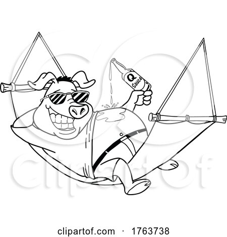 Black and White Cartoon Pig Pouring BBQ Sauce on His Belly While Resting in a Hammock by LaffToon
