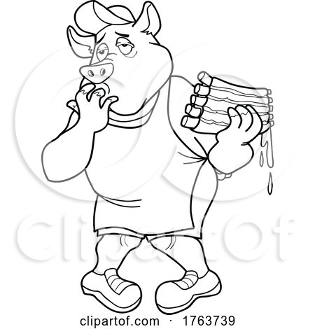 Black and White Cartoon Pig Chef Licking Barbecue Sauce off of His Fingers and Holding Ribs by LaffToon