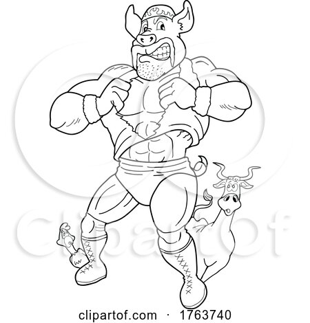 Black and White Cartoon Cow and Chicken Peeking Around a Giant Muscular Pig Wrestler by LaffToon