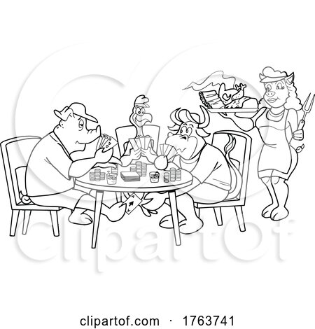 Black and White Cartoon Poker Pig Cow and Chicken with a Pig Waitress Serving BBQ by LaffToon