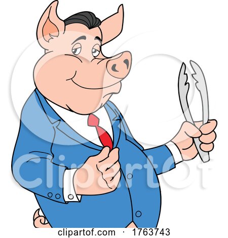Cartoon Dapper Pig Dressed in a Blue Suit and Holding Tongs by LaffToon