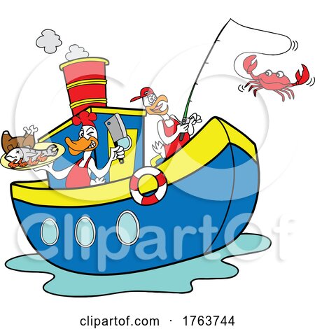 Cartoon Chef Duck and Chicken Fishing and Serving BBQ on a Tugboat by LaffToon