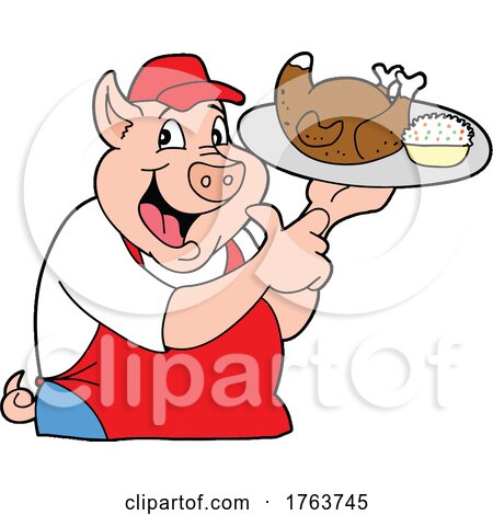 Cartoon Chef Pig Holding a Roasted Chicken and Coleslaw Platter by LaffToon
