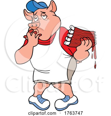 Cartoon Pig Chef Licking Barbecue Sauce off of His Fingers and Holding Ribs by LaffToon