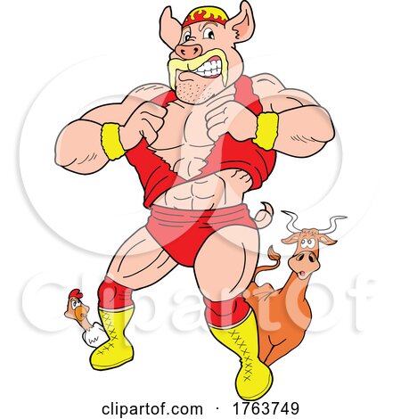 Cartoon Cow and Chicken Peeking Around a Giant Muscular Pig Wrestler by LaffToon
