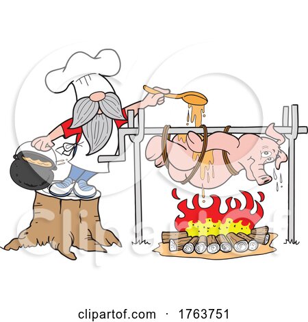 Cartoon Short Chef Basting a Pig on a Spit by LaffToon
