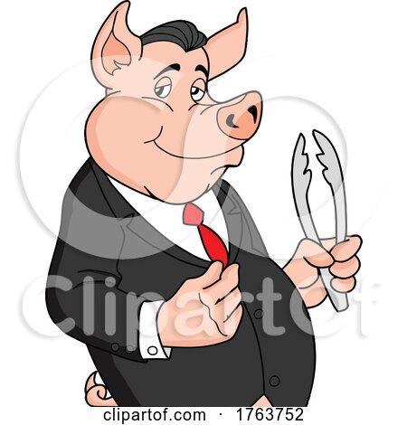 Cartoon Dapper Pig Dressed in a Suit and Holding Tongs by LaffToon