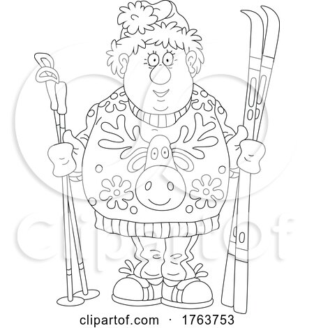 Black and White Cartoon Chubby Man in a Christmas Sweater and Holding Skis by Alex Bannykh