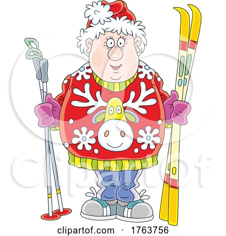 Cartoon Chubby Man in a Holiday Sweater and Holding Skis by Alex Bannykh