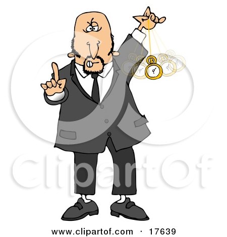 Clipart Illustration of a Bald Middle Aged Caucasian Man In A Suit, Holding One Finger Up And Swinging A Pocket Watch While Hypnotizing And Putting The Viewer Into A Trance by djart