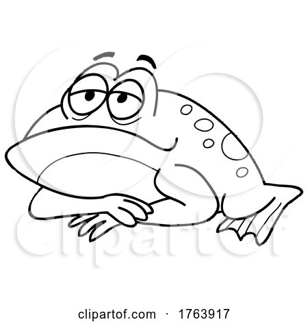 Black and White Cartoon Resting or Bored Bullfrog by LaffToon