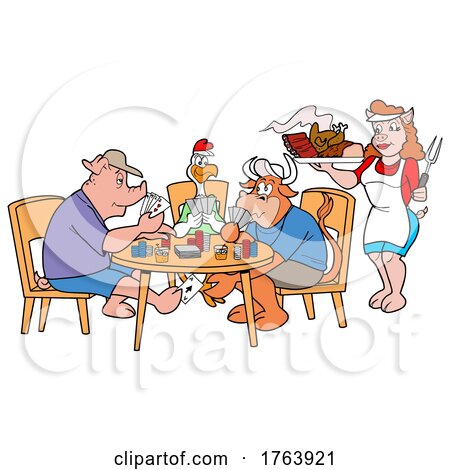 Cartoon Poker Pig Cow and Chicken with a Pig Waitress Serving BBQ by LaffToon
