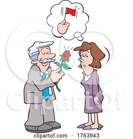 Cartoon Man Holding a Red Rose out to a Woman That Is Seeing Red Flags by Johnny Sajem