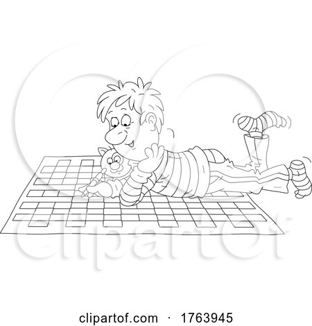 Cartoon Black and White Man and Cat Playing a Giant Crossword Puzzle on the Floor by Alex Bannykh