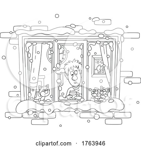 Cartoon Black and White Man with Coffee and Cat Looking out at Snow Through a Window by Alex Bannykh