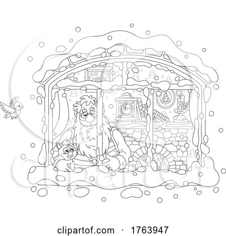 Cartoon Black and White Old Man or Santa wIth a Kitten in a Window with Snow Outside by Alex Bannykh