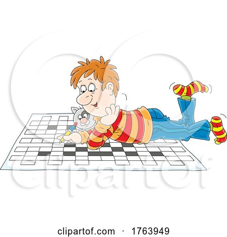 Cartoon Guy and Cat Playing a Giant Crossword Puzzle on the Floor by Alex Bannykh