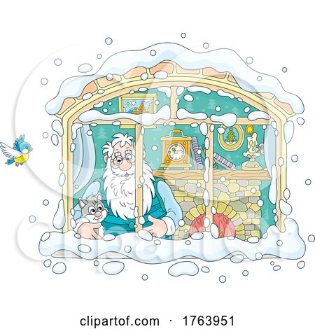 Cartoon Old Man or Santa wIth a Kitten in a Window with Snow Outside by Alex Bannykh