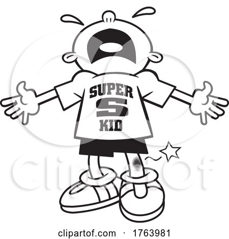 Black and White Cartoon Super Kid Boy Crying After Skinning His Knee by Johnny Sajem