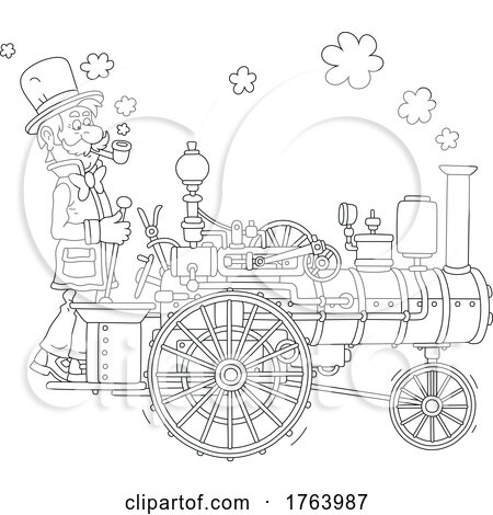 Black and White Cartoon Man Driving a Train Car by Alex Bannykh