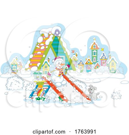 Cartoon Snowman Going down a Playground Slide by Alex Bannykh
