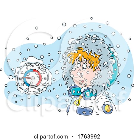 Cartoon Man Looking at Thermometer in the Snow by Alex Bannykh