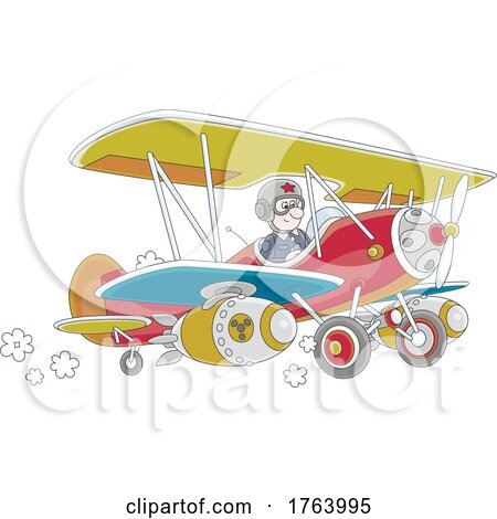 Cartoon Pilot Flying a Biplane by Alex Bannykh