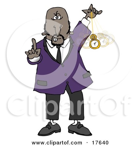 Clipart Illustration of a Bald Middle Aged African American Man In A Suit, Holding One Finger Up And Swinging A Pocket Watch While Hypnotizing And Putting The Viewer Into A Trance by djart
