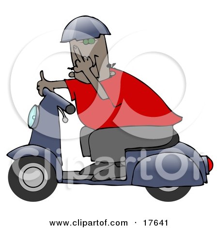 Rude Black Man Wearing A Blue Helmet, Red Shirt And Brown Pants, Riding Past On A Blue Scooter And Flipping The Viewer Off Clipart Illustration by djart