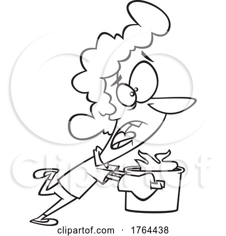Cartoon Black and White Woman Running with a Kitchen Pot on Fire by toonaday