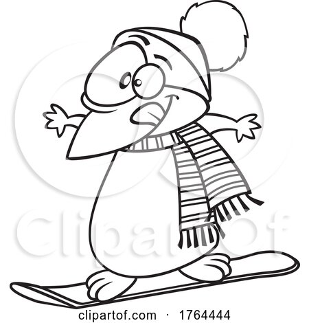 Cartoon Black and White Winter Penguin Snowboarding by toonaday