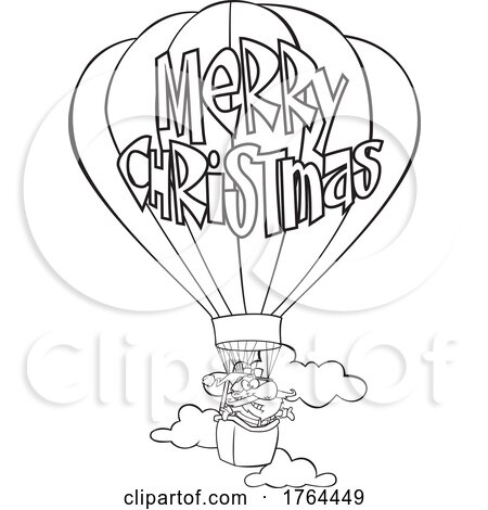 Cartoon Black and White Santa Claus Flying a Hot Air Balloon with Merry Christmas Text by toonaday