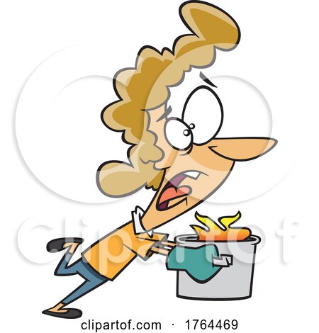Cartoon Woman Running with a Kitchen Pot on Fire by toonaday