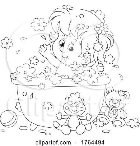 Black and White Cartoon Happy Girl Taking a Bubble Bath by Alex Bannykh