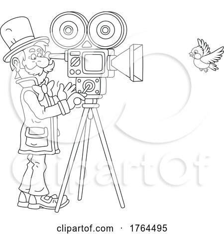 Black and White Cartoon Man Filming a Bird in Flight by Alex Bannykh