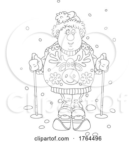 Black and White Cartoon Chubby Guy Skiing in a Holiday Sweater by Alex Bannykh