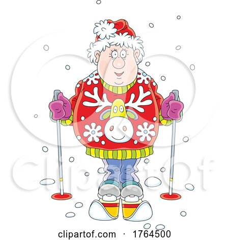 Cartoon Chubby Guy Skiing in a Holiday Sweater by Alex Bannykh