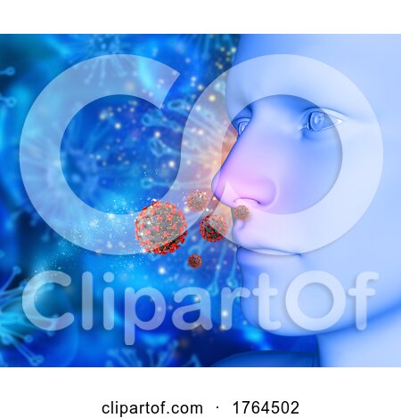 3D Medical Background with Close up of Male Face and Covid 19 Virus Cells by KJ Pargeter